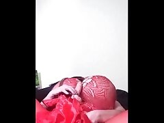 Susi on the bed. She has a sexy fishnet dress on fucking with toy
