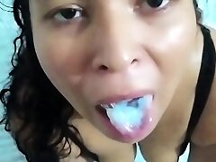 Swallowing semen: I masturbate, I suck my cuckold's small cock and I receive his cumshot in my mouth