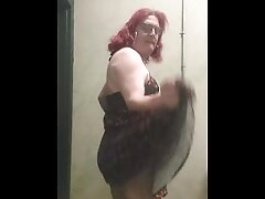 Trans MILF PAWG redhead  with glasses strips in a restroom jacks off her cock and eats her own cum