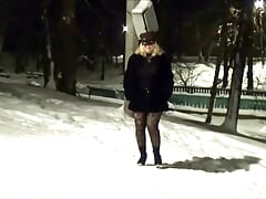 Winters walk. New Year's Eve night walk in nylon tights without a skirt