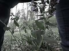 Pissing in the forest mature bbw milf with a big bush on her pussy. POV.