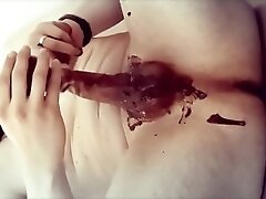 Dirty SLUT! SELF Cum EATING from BANANA with Chocolate covered COCK