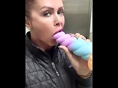 Bored slutty  OFFICE WORKER fucks her UNICORN ???? DILDO in bathroom