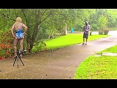 Giant fake tits cross dresser outdoors photoshoot being masturbated too by voyeur