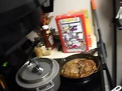 Thick housewife cooking steak in sexy lingerie