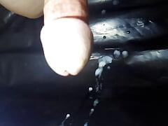 Watching my handjob from above and dripping his cum all over the place